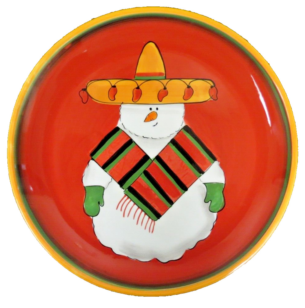 Clay Art Jalapeno Snowman Plate 11" Christmas Holiday Chili Pepper Hand Painted